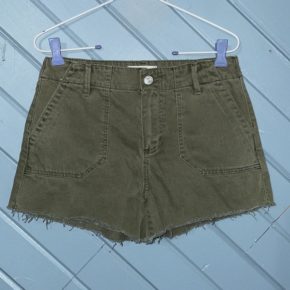 PAIGE Green Denim Cut Off Jean Shorts